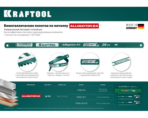 Биметаллическое гибкое полотно по металлу Alligator-24, 24 TPI, 300 мм KRAFTOOL 15942-24-1
