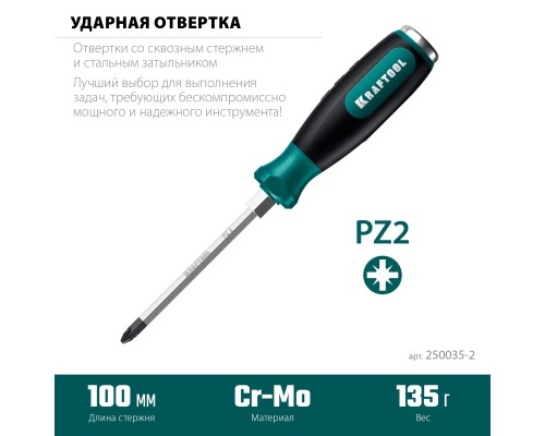 Ударная отвертка IMPACT PZ 2, сквозной стержень Cr-Mo KRAFTOOL 250035-2