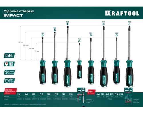 Ударная отвертка IMPACT PZ 3, сквозной стержень Cr-Mo KRAFTOOL 250035-3
