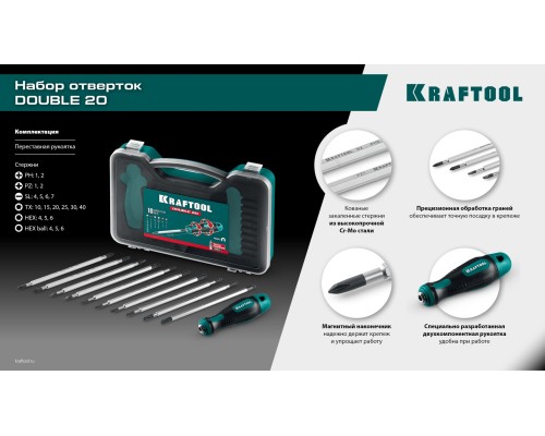 Набор: отвертка с переставными стержнями Double 20, 20 шт. KRAFTOOL 25817