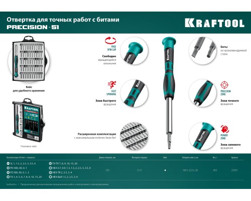 Отвертка Precision-51, 51 предм., для точных работ KRAFTOOL 25691
