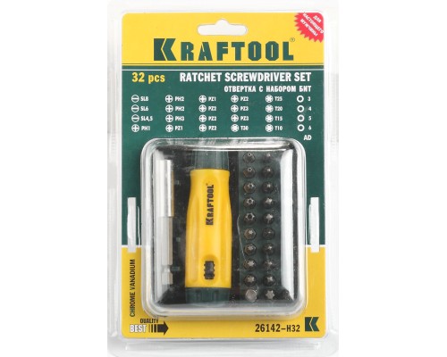 Реверсивная отвертка Kompakt-32, 32 предм., с насадками KRAFTOOL 26142-H32