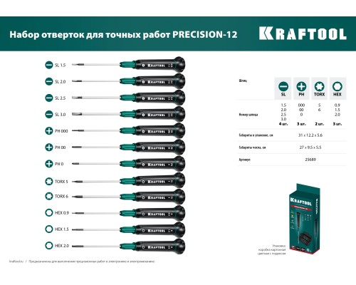 Набор отверток Precision-12, 12 предм., для точных работ KRAFTOOL 25689
