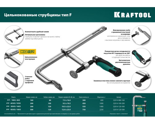 Цельнокованая струбцина F Forge FF-300/120, 120x300 мм KRAFTOOL 32014-120-300
