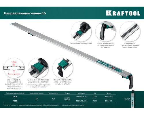 Направляющая шина CG-150, 1530 мм, зажимная KRAFTOOL 32235-1.5