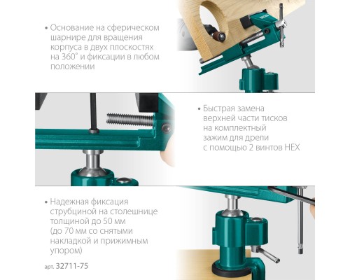 Шарнирно-поворотные тиски Precision, 75 мм KRAFTOOL 32711-75