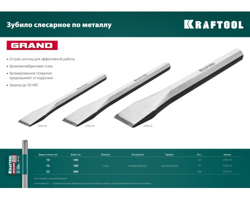 Слесарное зубило по металлу Grand, 16x180 мм KRAFTOOL 2103-16