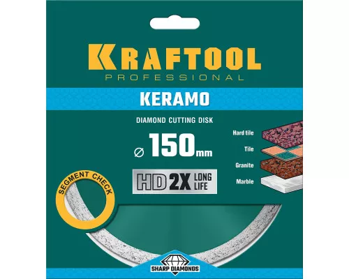 Сплошной алмазный диск KERAMO, 150 мм (22.2 мм, 10x1.8 мм) KRAFTOOL 36684-150 Сплошной алмазный диск KERAMO, 150 мм (22.2 мм, 10x1.8 мм) KRAFTOOL 36684-150