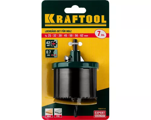 Наборная кольцевая пила по дереву 7 шт., (25-32-38-45-50-56-62x42 мм) KRAFTOOL 29580-H7-42 Наборная кольцевая пила по дереву 7 шт., (25-32-38-45-50-56-62x42 мм) KRAFTOOL 29580-H7-42