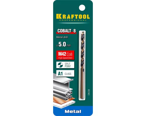 Сверло по металлу COBALT-8, 5.0x86 мм, сталь М42, HSS-Co(8%) KRAFTOOL 29656-5 Сверло по металлу COBALT-8, 5.0x86 мм, сталь М42, HSS-Co(8%) KRAFTOOL 29656-5