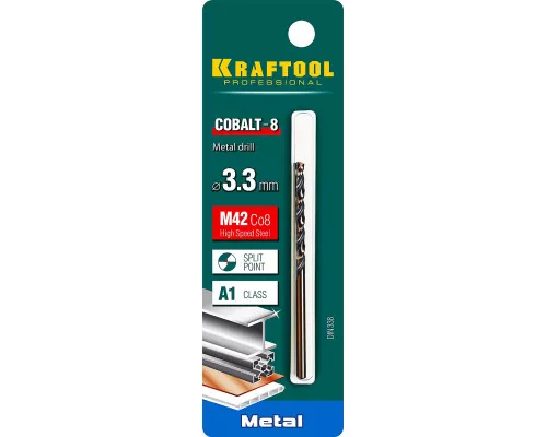 Сверло по металлу COBALT-8, 3.3x65 мм, сталь М42, HSS-Co(8%) KRAFTOOL 29656-3.3 Сверло по металлу COBALT-8, 3.3x65 мм, сталь М42, HSS-Co(8%) KRAFTOOL 29656-3.3