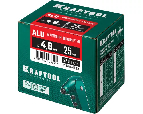 Алюминиевые заклепки Alu, 4.8x25 мм, 250 шт. KRAFTOOL 311701-48-25 Алюминиевые заклепки Alu, 4.8x25 мм, 250 шт. KRAFTOOL 311701-48-25