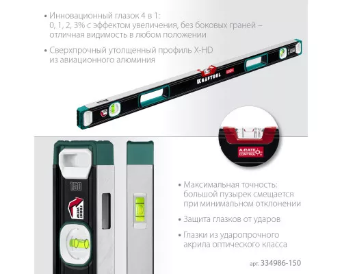 Сверхпрочный уровень A-RATE CONTROL, 1500 мм, точность 0.3 мм/м, с инновационным зеркальным глазком KRAFTOOL 34986-150