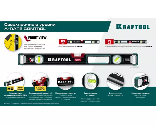 Сверхпрочный уровень A-RATE CONTROL, 1500 мм, точность 0.3 мм/м, с инновационным зеркальным глазком KRAFTOOL 34986-150